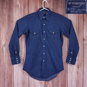 Vintage 70s 80s Wrangler Mens 15.5X33 Pearl Snap Denim Shirt Western Cowboy USA